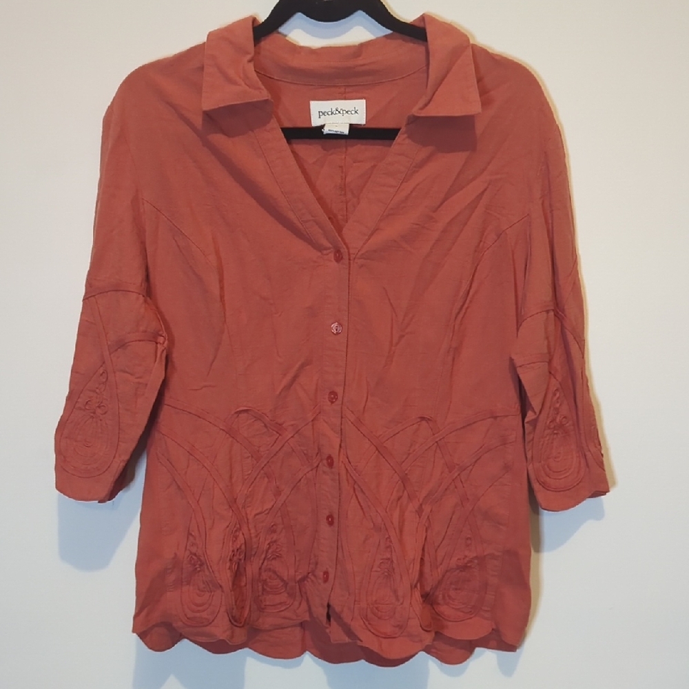 PECK & PECK BUTTON DOWN TULIP SLEEVES SCALLOPED HEMLINE RUSTY ORANGE SIZE LARGE